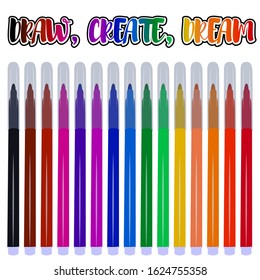 Set of fifteen markers with basic colors for drawing and painting. For sale and advertising markers and drawing them. Felt-tipped pen for courses on drawing. Set of markers with a cap for children.