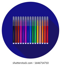 Set of fifteen markers with basic colors for drawing and painting. For sale and advertising markers and drawing them. Felt-tipped pen for courses on drawing. Set of markers with a cap for children.