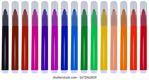 Set of fifteen markers with basic colors for drawing and painting. For sale and advertising markers and drawing them. Felt-tipped pen for courses on drawing. Set of markers with a cap for children.