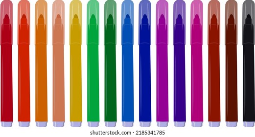 Set of fifteen markers with basic colors for drawing and painting. For sale and advertising markers and drawing them. Felt-tipped pen for courses on drawing. Set of markers with a cap for children.