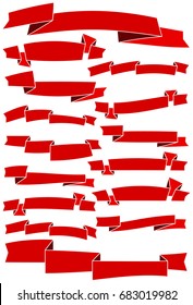 Set of fifteen red cartoon ribbons and banners for web design. Great design element isolated on white background. Vector illustration.
