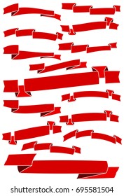 Set of fifteen red cartoon ribbons and banners for web design. Great design element isolated on white background. Vector illustration.
