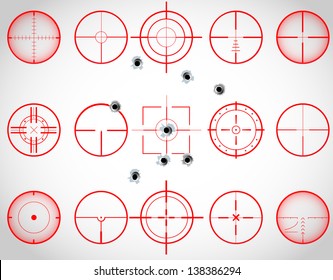 Set of fifteen red cross hairs, with bullet holes, vector