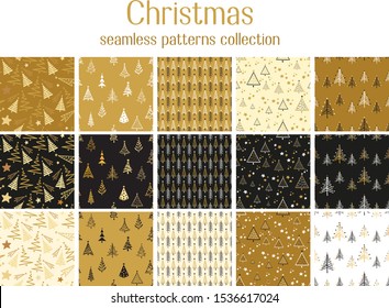 Set of fifteen seamless repeating patterns with christmas trees in black, gold and white. Elegant design for christmas, new year, festive new year wallpapers, wrapping paper, wall art design