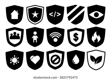 A set of fifteen shield-shaped icons in solid black silhouette style with negative-space symbols including home, star, code, security, eye, family, child, wifi, money, fire, virus, heart, prohibition, water drop, and leaf. Ideal for insurance branding, cybersecurity products, home protection services, healthcare and safety campaigns, and minimalist business security infographics. 