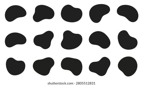 Set of fifteen solid black irregular organic blob shapes isolated on white background. Abstract soft patches with smooth curved edges for graphic design and minimalist layouts.