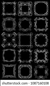 Set of fifteen square white monogram elements on a black background. Vector illustration.