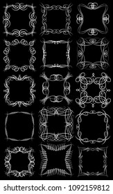 Set of fifteen square white monogram elements on a black background. Vector illustration.