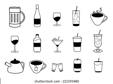 Set of fifteen vector drink or beverage icons in black color. There are alcoholic and non-alcoholic beverages.