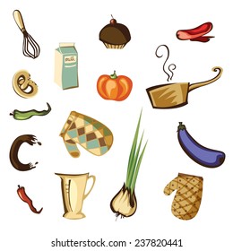 Set of fifteen vector images of food and kitchen utensils.