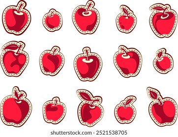 
Un conjunto de quince manzanas rojas de Vector sobre un fondo con un trazo punteado.