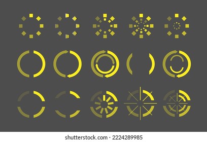 Set of fifteen yellow round icons downloaders with different designs. Vector illustration, isolated on gray background