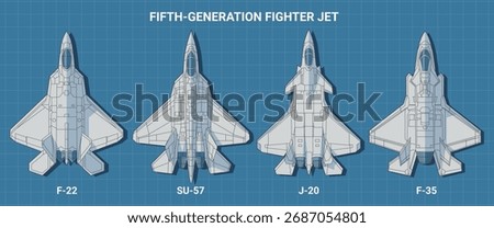 Set of fifth generation fighter jet in blueprint style from top view. Vector illustrations sukhoi f-22 raptor, su-57, chengdu j-20, f-35 fighter jet. Various military 5th-gen combat aircraft design.
