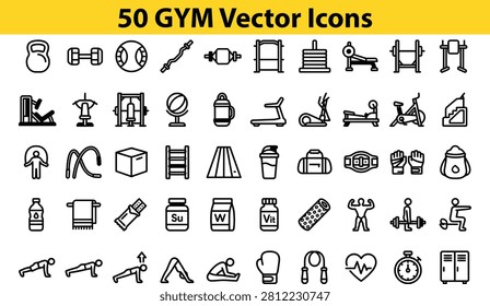 Set of fifty clean linedrawn vector icons depicting gym equipment workout gear supplements and fitness accessories isolated on transparent background
