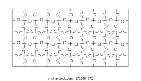 Set of fifty eight puzzle pieces. Puzzle with different types of details and the ability to move each part. Black and white vector illustration