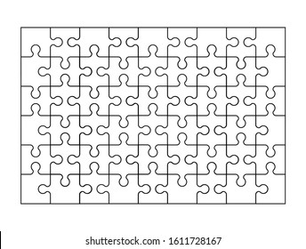 Set of fifty four puzzle pieces. Puzzle with different types of details and the ability to move each part. Black and white vector illustration