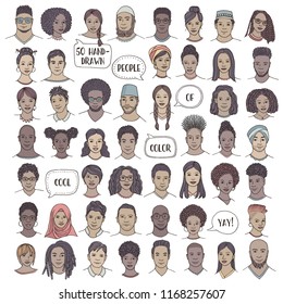 Set Of Fifty Hand Drawn Diverse Faces, Colorful Portraits Of People Of Color, Men And Women Of African, Asian, Arab And Latin American Descent