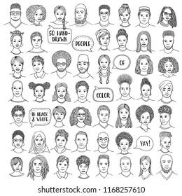 Set of fifty hand drawn diverse faces, black and white portraits of people of color, men and women of African, Asian, Arab and Latin American descent