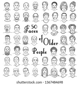 Set of fifty hand drawn faces of older people, diverse portraits of women and men 50+, senior citizens of different ethnicities