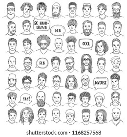 Set of fifty hand drawn male faces, diverse portraits of men of different ethnicities,  black and white ink illustration