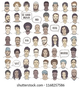 Set of fifty hand drawn male faces, colorful and diverse portraits of men of different ethnicities