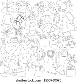Set of fifty simple vector fill-free drawings, coloring page.