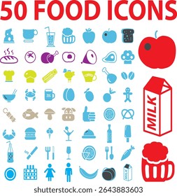 Set of fifty stylized food icons representing various beverages dishes and meals for design projects EPS Vector Art