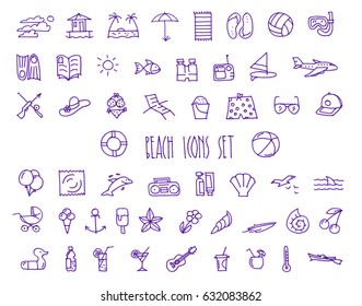 Set of fifty three beach hand drawn blue icons drawn with a felt-tip pen