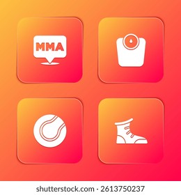 Set Fight club MMA, Bathroom scales, Tennis ball and Sport boxing shoes icon. Vector