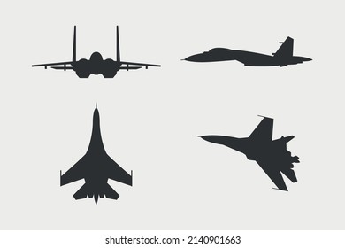 Set of fighter aircraft SU-27 in various positions black and white vector illustration.