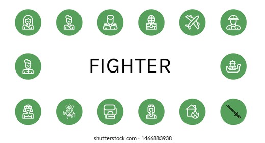 Set of fighter icons such as Karate, Judo, Military, Kendo, Airplane, Fireman, Muay thai, Wrestler, Boxing gloves, Boxer, House on fire, Katana, Wushu, Battleship , fighter