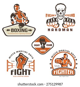 Set of fighting club emblems, MMA, boxing labels and badges