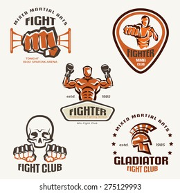 Set of fighting club emblems, MMA, boxing labels and badges 