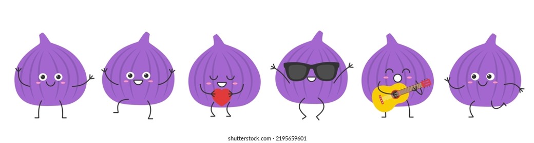 Set Feigen Charakter Cartoon Frucht Gruß Springen liebt Sings laufen süße lustige lächelnde Gesicht glückliche Freude Emotionen Symbol Vektorgrafik.