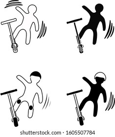 set of figure of a man in helmet falling from kick scooter.  simple Black and white Vector e-scooter illustration. logo of accident involving Ecologic urban transport