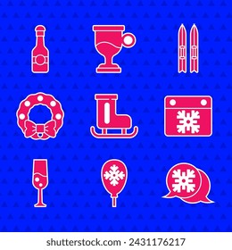 Set Patines artísticos, Globos con copo de nieve, Burbuja de discurso de copo de nieve, Calendario, Copa de champán, corona de Navidad, Esquí y palos e icono de botella de champán. Vector