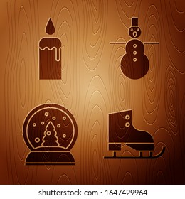 Set Figure skates, Burning candle in candlestick, Christmas snow globe and Christmas snowman on wooden background. Vector