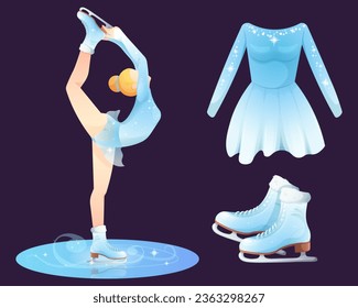 Se trata de un lugar ideal para practicar patinaje artístico y deportes de invierno. Patines azules de hielo, vestido deportivo, patinador de hielo con el pie hacia arriba