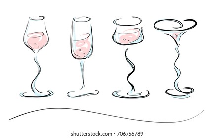 Set of figured colored wineglasses in a sketch style. Hand-drawn beverages, stylized. Isolated. No background.