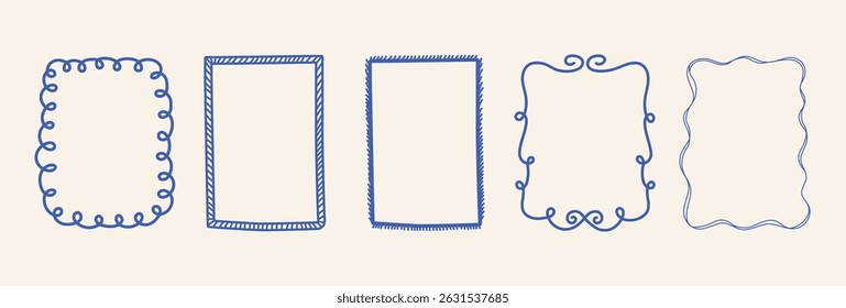 Set of figured frames and borders. Place for text. Doodles. Waves and curves. Hand drawn and doodles. Elements for decoration and ornament. Shape for invitation to wedding. Stamp and postage. Ribbons