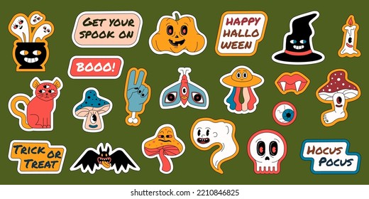 A set of figured Halloween stickers with funny and scary characters and quotes. Groovy outlined style.