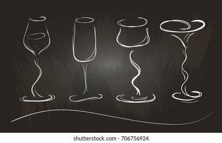 Set of figured wineglasses in a sketch style. Hand-drawn beverages, stylized. Isolated on a chalkboard.