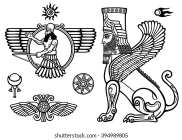 Set of figures of the Assyrian mythology: sphinx, winged god, Solarises.