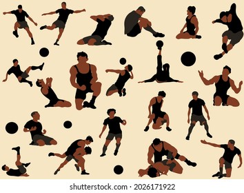 Reihe von Figuren von Athleten in verschiedenen Posen. Wrestler, Fußballspieler, Freestyle-Fußballspieler. Illustration im trendigen Retro-Stil