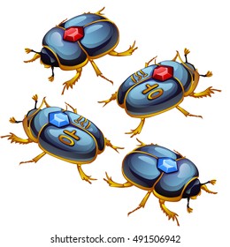 A set of figures of beetles scarabs with Golden feet and encrusted with precious stones isolated on a white background. Vector illustration.