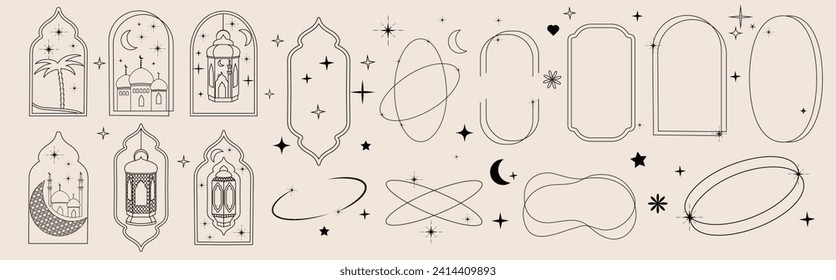 Set of figures in boho style. Minimalistic line elements. Holy holiday Ramadan. Eid Mubarak. Geometric shapes. Hijri. 1445. Vector illustration. Modern trendy line art. Stars, arches, shapes. Frame