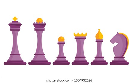 Set of figures for chess. King, queen and rook, bishops, knights and pawn. Board logic game. Tournament between two rivals. Strategy board game. Flat cartoon objects isolated on white background.