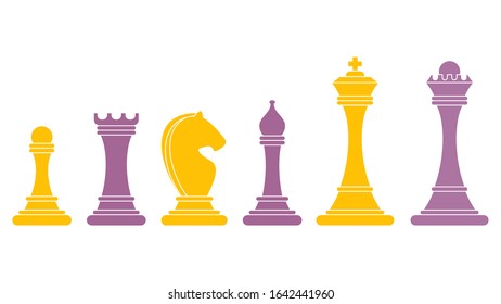 Set of figures for chess. King, queen and rook, bishops, knights and pawn. Strategy logic board game. Tournament between two rivals. Flat cartoon objects isolated on white background.