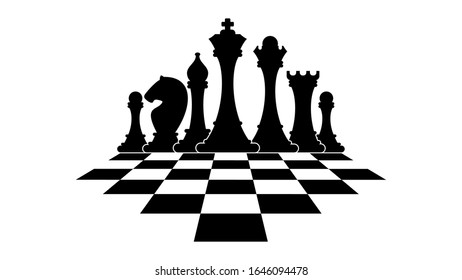 Set of figures for chess. King, queen and rook, bishops, knights and pawn. Strategy logic board game. Tournament between two rivals. Flat cartoon objects isolated on white background.