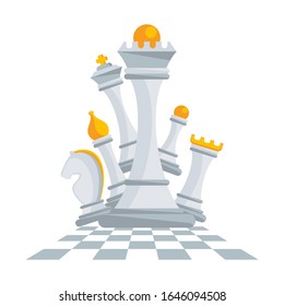 Set of figures for chess. King, queen and rook, bishops, knights and pawn. Board logic game. Tournament between two rivals. Strategy board game. Flat cartoon objects isolated on white background.